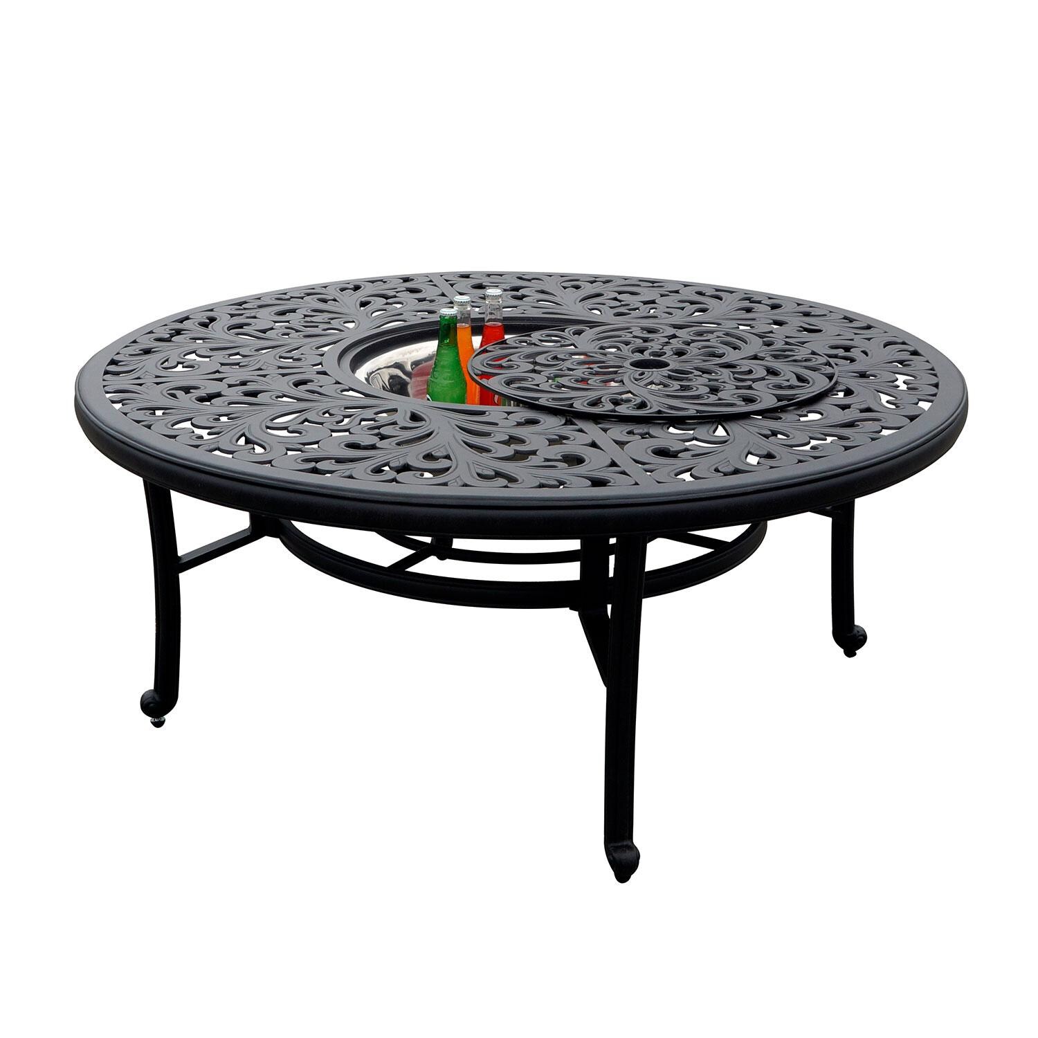 Darlee B/DL2056-5PC-80Q Santa Monica 5 Pc Conversation Set W/ Cushions & 52 Inch Round Ice Bucket Tea Table - Tea Table Ice Bucket Lid Off W/ Beverages - White Background thumbnail