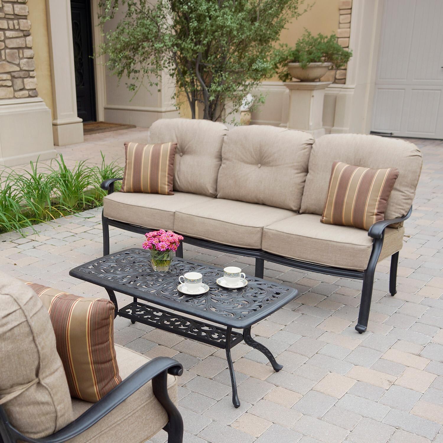 Darlee Elisabeth 3 Pc Cast Aluminum Seating Set w/ 42 X 21 Inch Series 80 Table & Throw Pillows in Antique Bronze/Beige - Sofa & Table - Lifestyle thumbnail