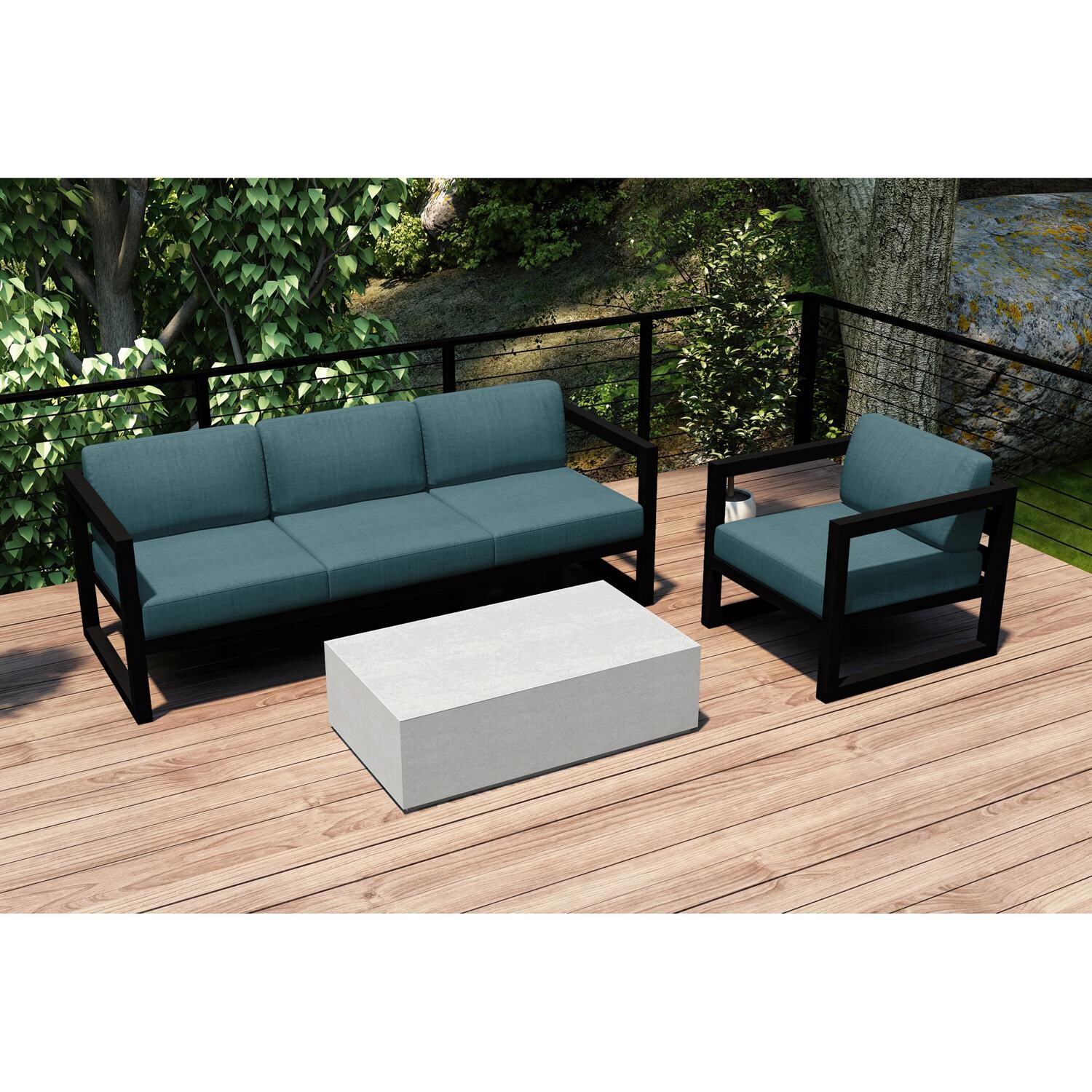 Lakeview MSTYMAS-BK-3SS-CL Misty Cove 3 Pc Aluminum Seating Set in Black w/Mason Coffee Table & Cast Lagoon Cushions by Lakeview Outdoor Designs - Set on Patio - Lifestyle thumbnail