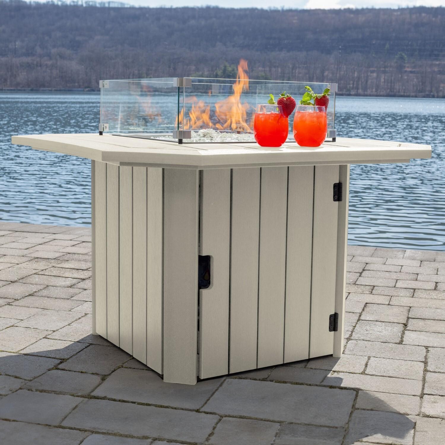 Harborview Octagonal Fire Pit Table in Whitewash by Lakeview Outdoor Designs - Side View - Lifestyle thumbnail