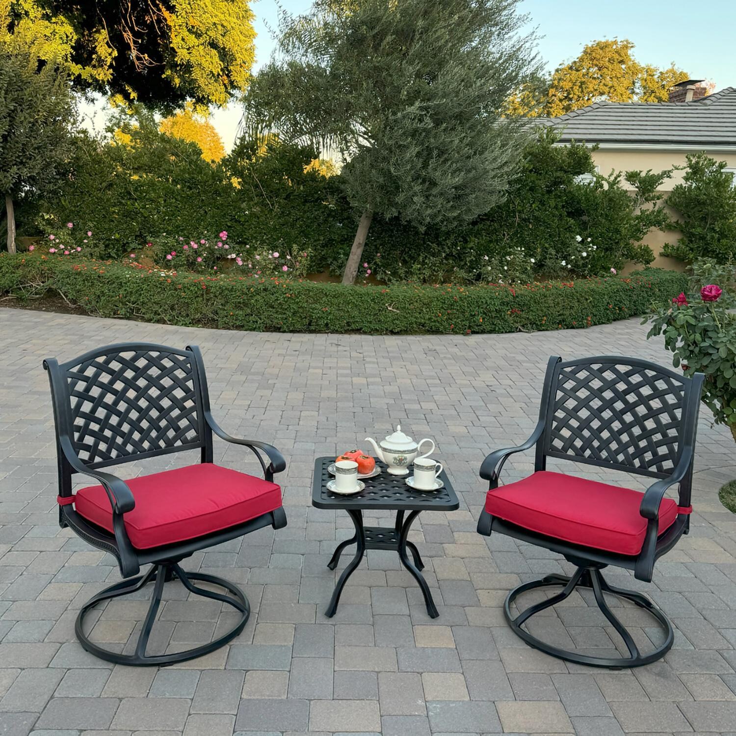 Darlee B/DL13-3PCR-30A-R Nassau 3 Pc Cast Aluminum Conversation Set w/ Rocker in Antique Bronze w/ Red Cushions - Set - Lifestyle thumbnail