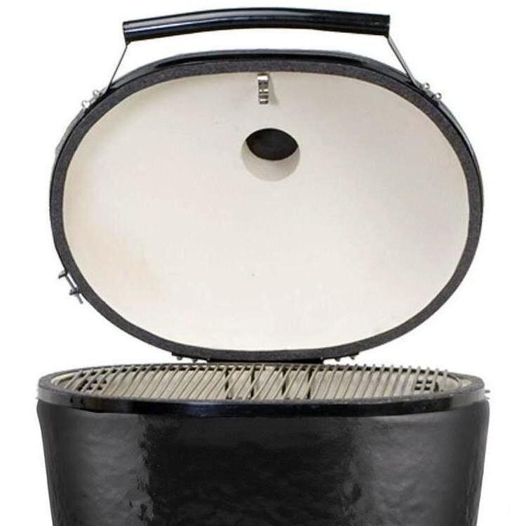 Primo Oval XL Ceramic Charcoal Smoker Grill On Teak Table - Open View thumbnail
