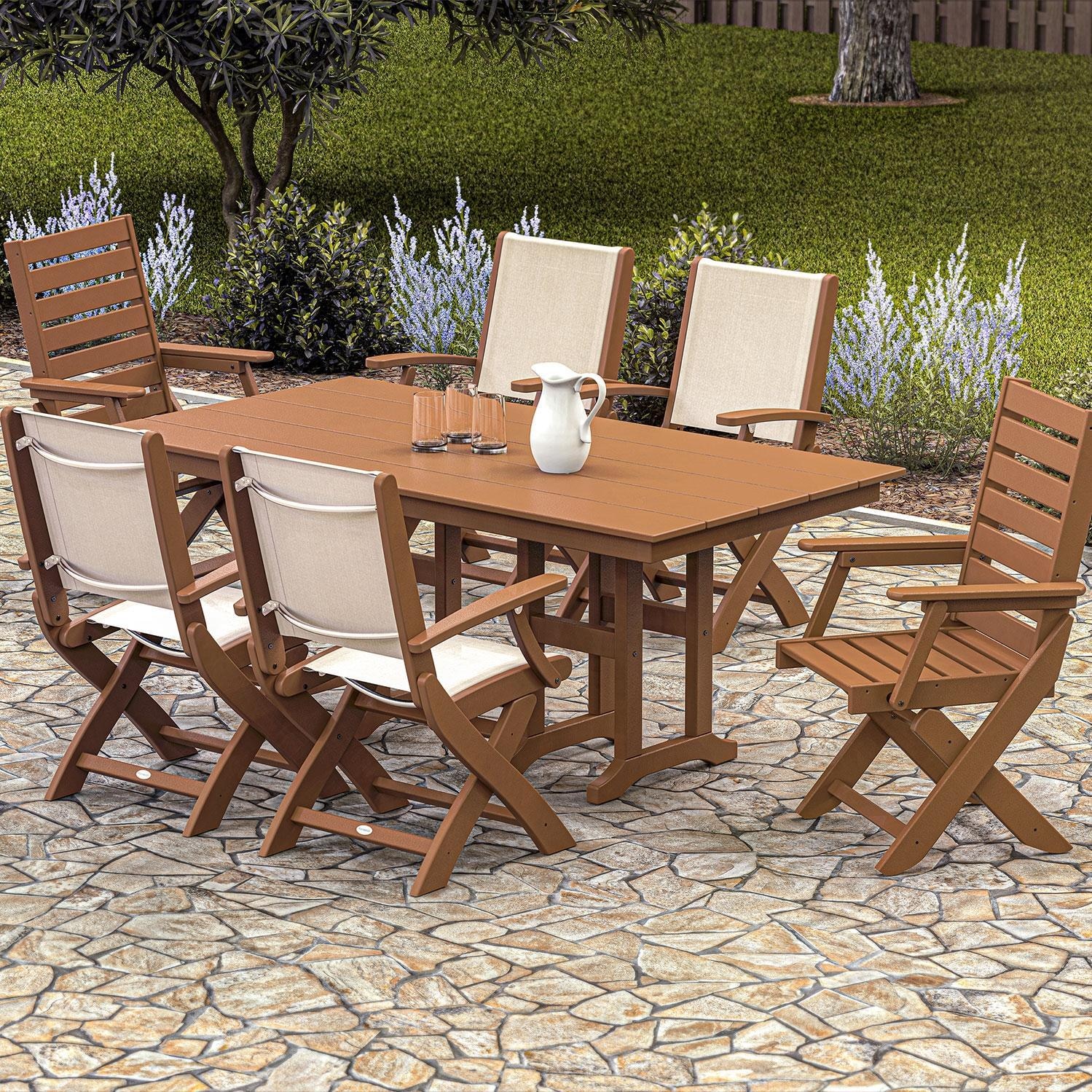 POLYWOOD PWS2533-1-TE901 Creekside Polywood 7-Piece Farmhouse Dining Set White Sling Chairs in Teak - Shown in Black w/ Parchment Sling  - Lifestyle thumbnail