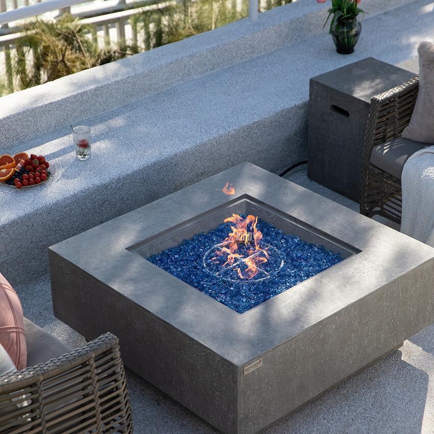 Victoria OFG413LG-LP 40 Inch Square Concrete Propane Fire Pit Table in Gray By Elementi - Back Patio - Overhead View - Lifestyle thumbnail