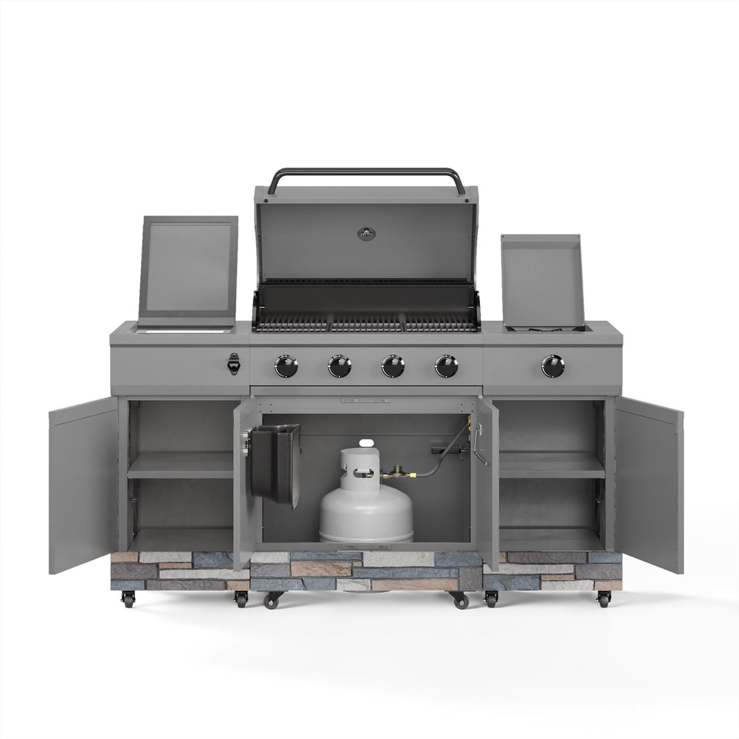 TYTUS TDT-021-0104 Fresno Series Gunmetal Gray & Ash Stacked Stone Propane Grill Island - Cabinets Open - White Background thumbnail