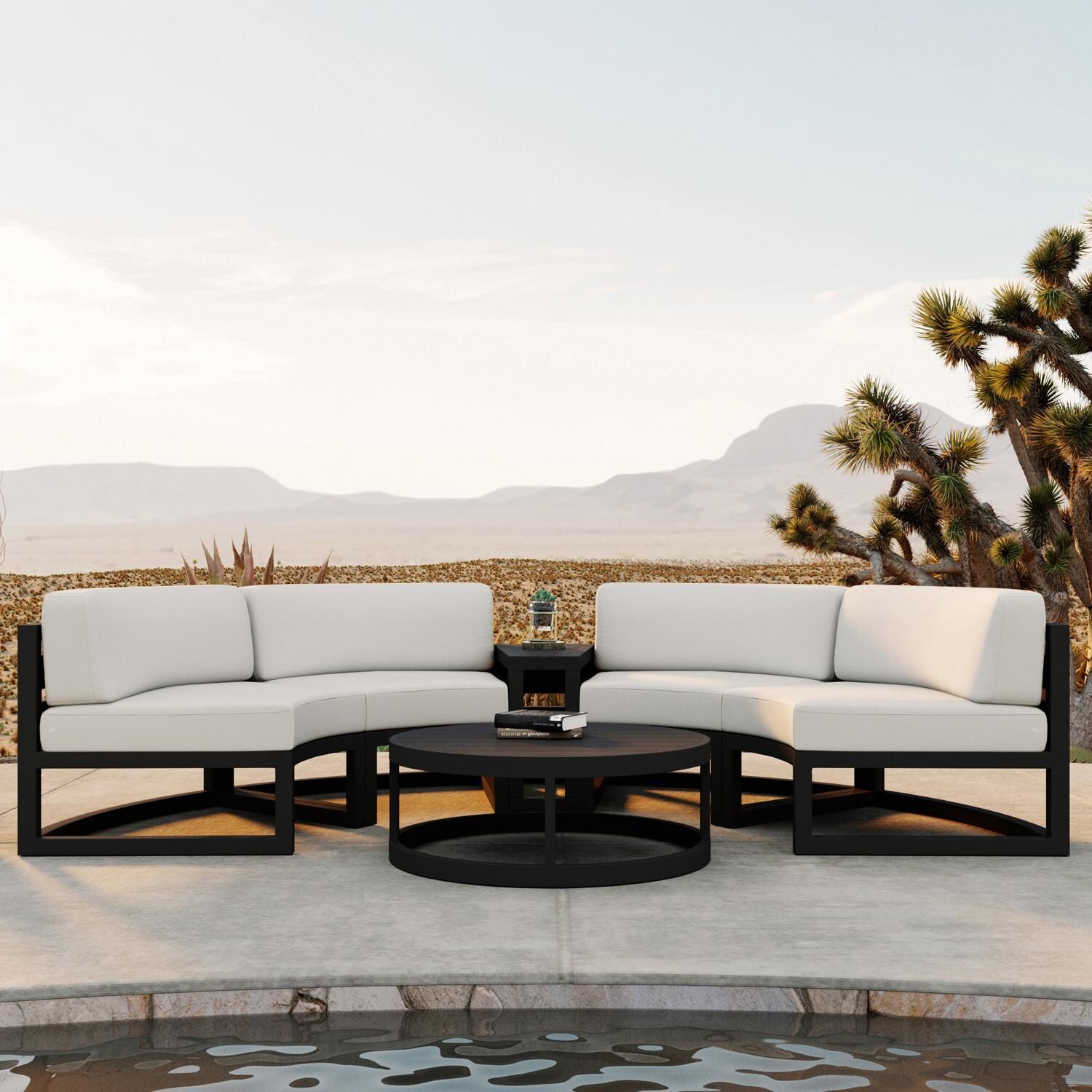 Misty Cove 4 Pc Aluminum Seating Set - Curved Sectional in Black/Canvas Natural by Lakeview Outdoor Designs