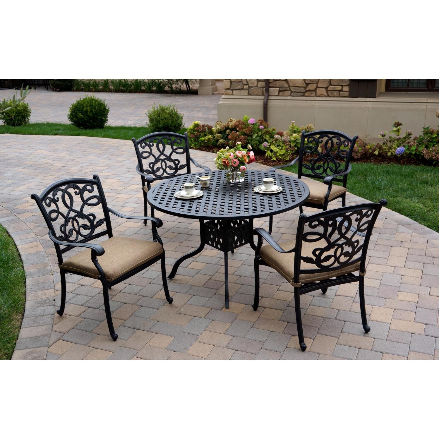 Darlee DL2052-5PC-30C Santa Monica 5 Piece Cast Aluminum Patio Dining Set W/ 48 Inch Round Table & Sesame Cushions - Lifestyle thumbnail