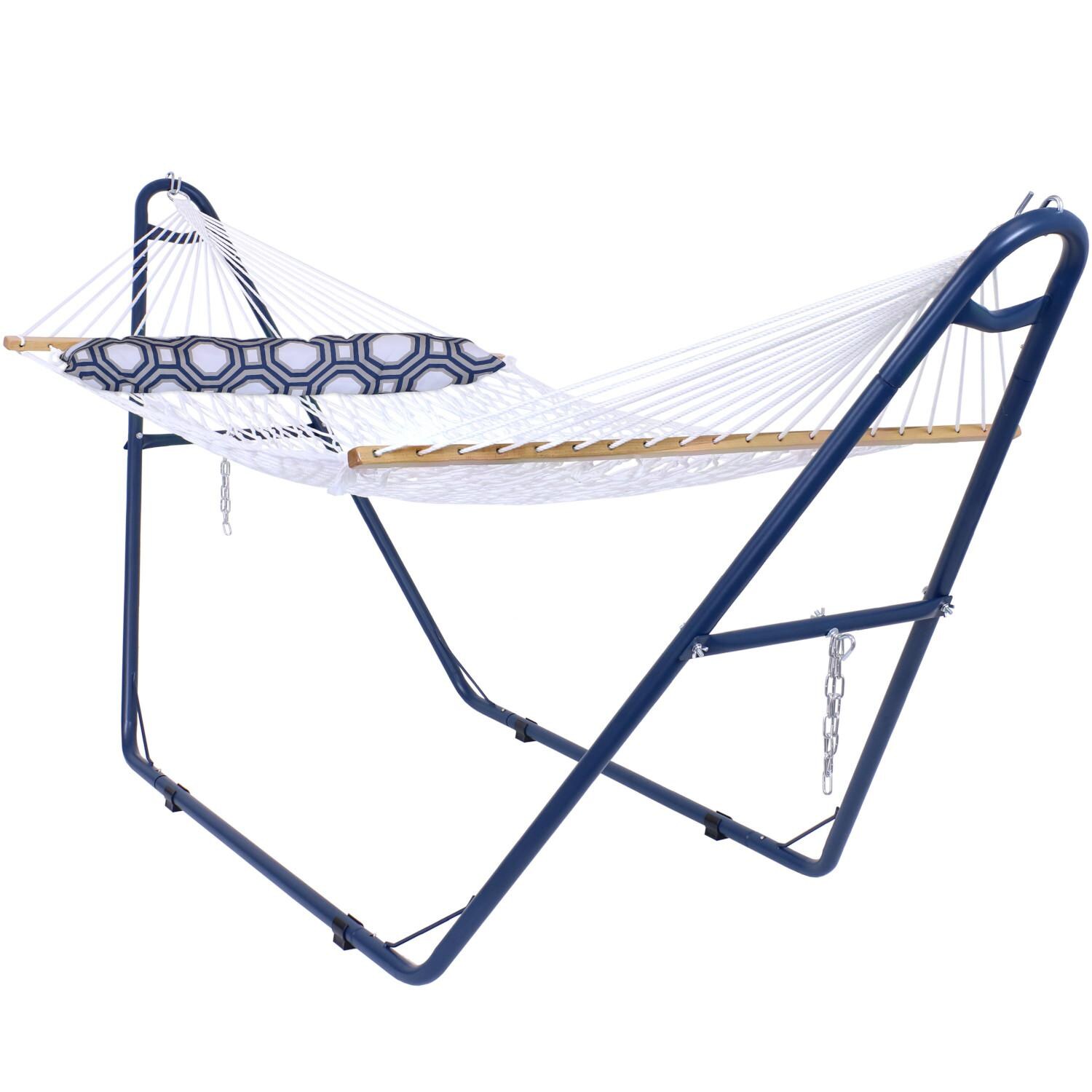 Sunnydaze Decor Classic Double Rope Hammock w/ Universal Multi-Use Stand & Pillow - White - LY-BPDRH-Combo image