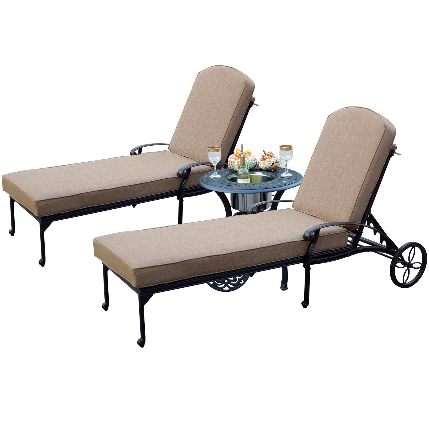 Darlee B/DL707-3PC-3360RQP Elisabeth 3 Piece Cast Aluminum Patio Chaise Lounge Set W/ 24 Inch Round Ice Bucket End Table & Sesame Cushions - Angled View thumbnail