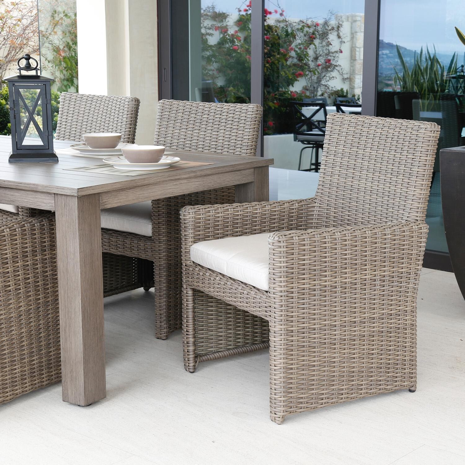 Coronado Wicker Dining Arm Chair in Driftwood/Canvas Henna by Sunset West - Shown in Different Fabric - Lifestyle thumbnail