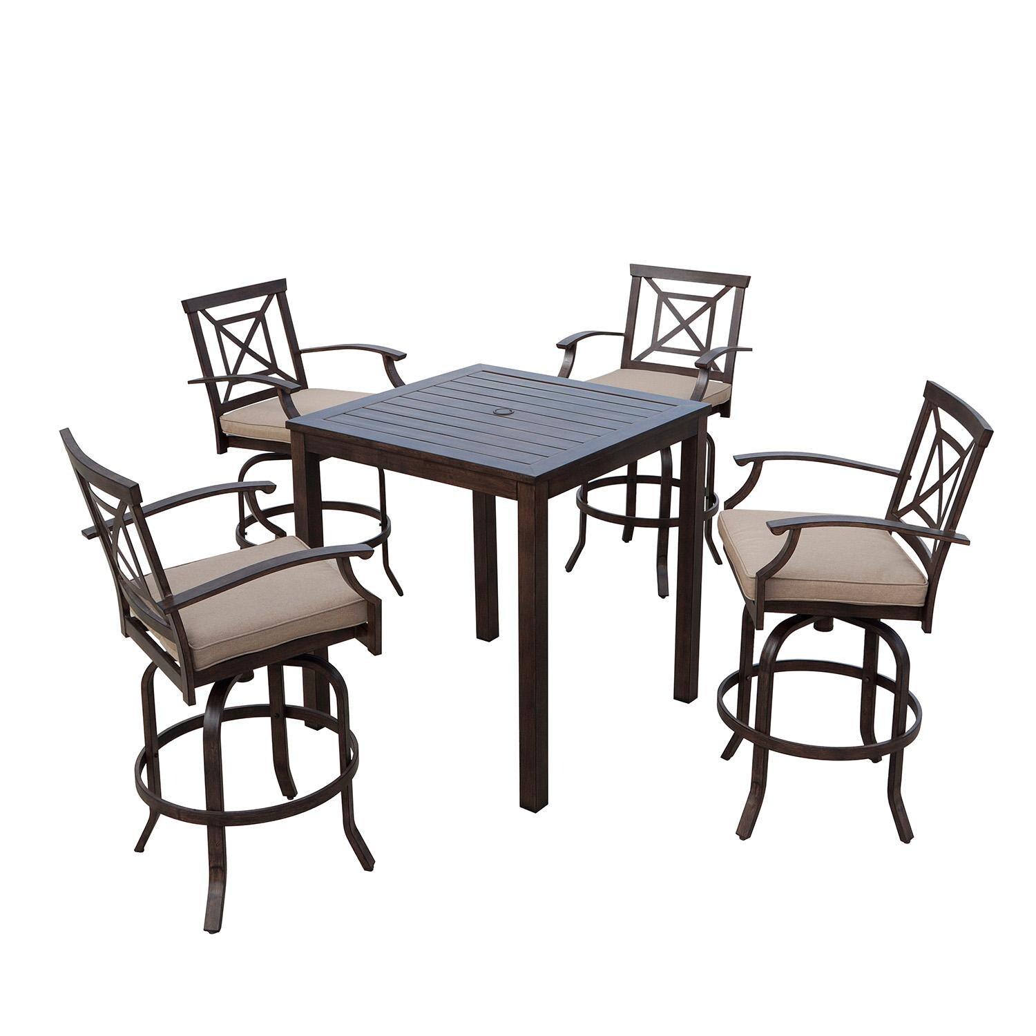 Atlantis 5 Pc Aluminum Bar Height Set w/Beige Cushions in Walnut By Darlee - White Background thumbnail