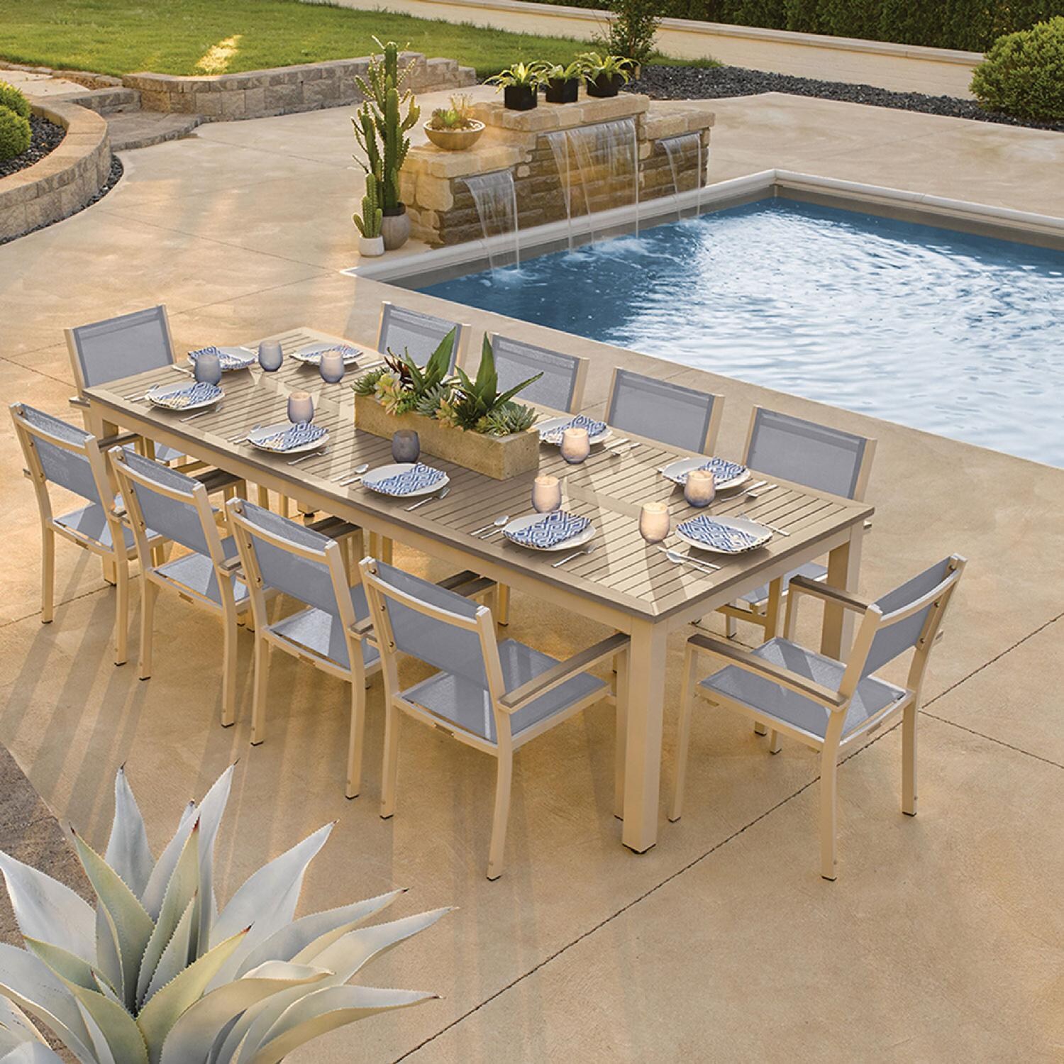 Oxford Garden Travira 2 Pc Composite Sling & Aluminum Dining Chair W/ Vintage Tekwood Arm Caps in Flint/Slate - Poolside Dining thumbnail