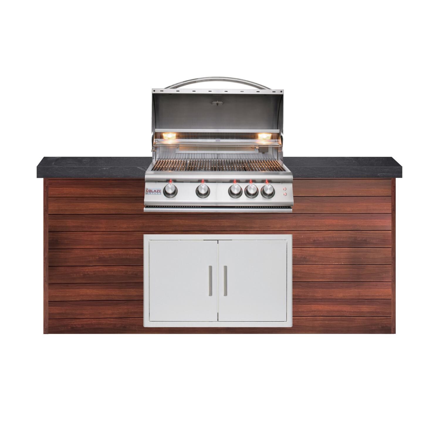 BBQGuys Signature 6ft Luxury Outdoor Island W/ Blaze Premium LTE 32-Inch Natural Gas Grill & Double Access Door - Dark National Walnut Aluminum W/ Black Polished Granite