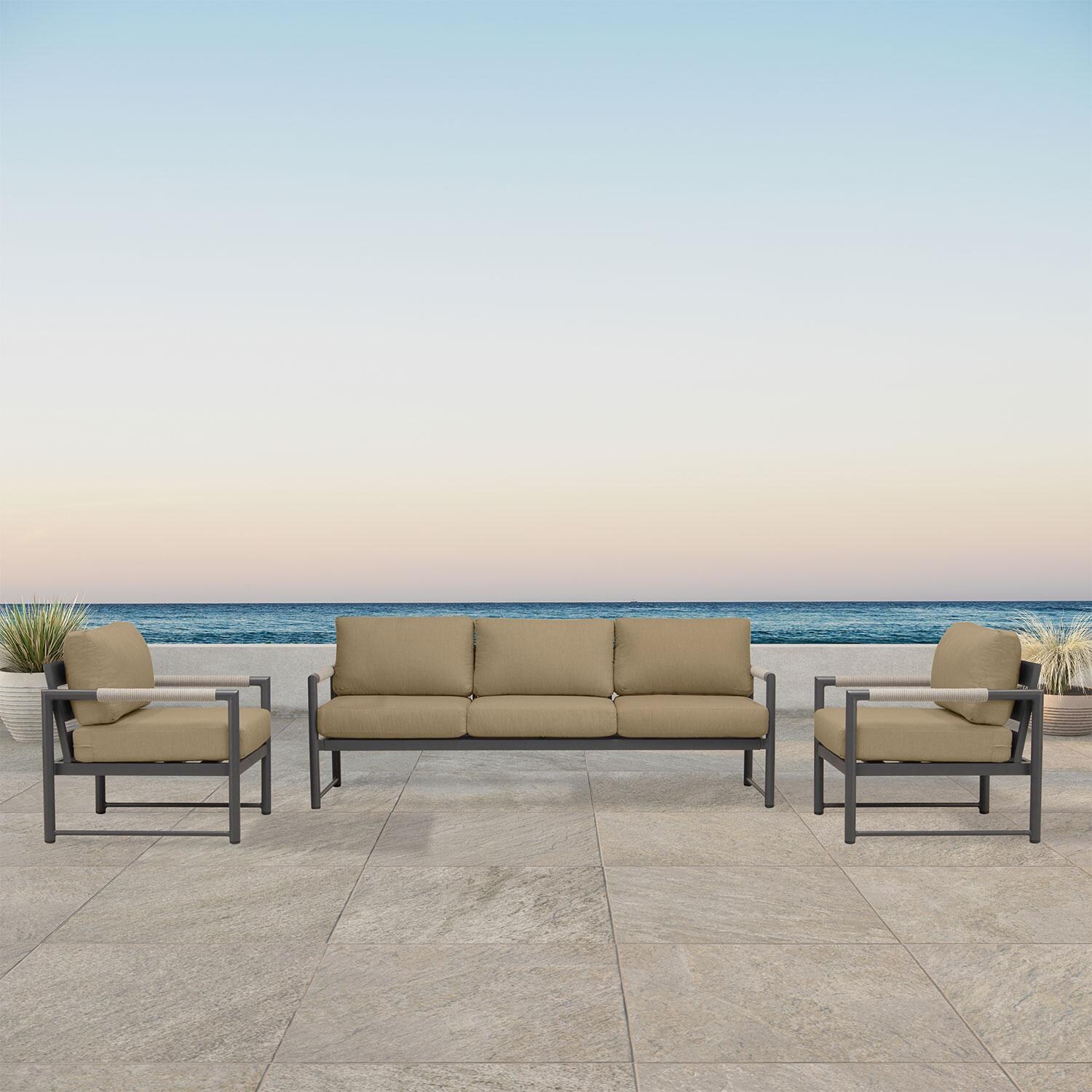 Lakeview AVEBAY-SL-PG-SET141-HB Avenue Bay Slate/Pebble Gray 3 Pc Sofa Club Chair Set - Heather Beige - On Patio - Lifestyle thumbnail