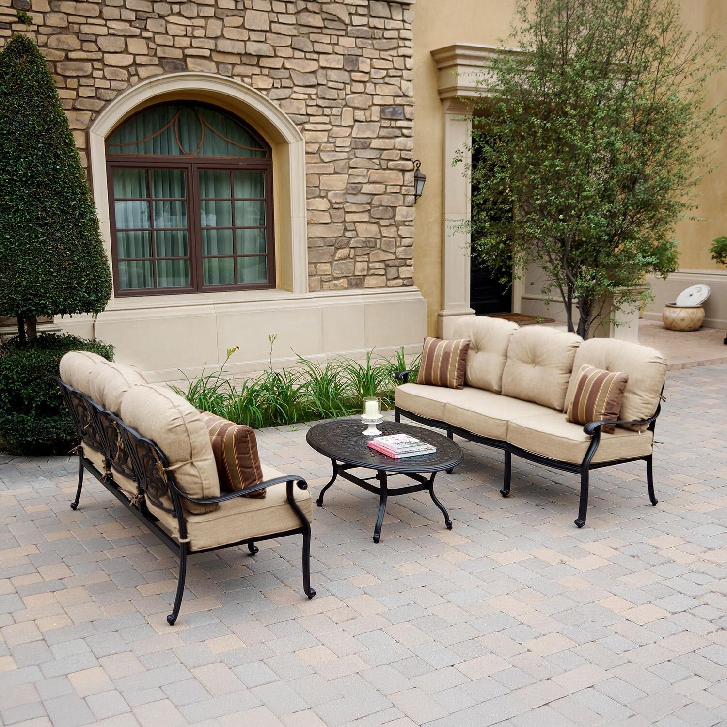 Darlee Elisabeth 3 Pc Cast Aluminum Seating Set w/ 46 X 31 Inch Oval Table & Throw Pillows in Antique Bronze/Beige - Set - Lifestyle thumbnail