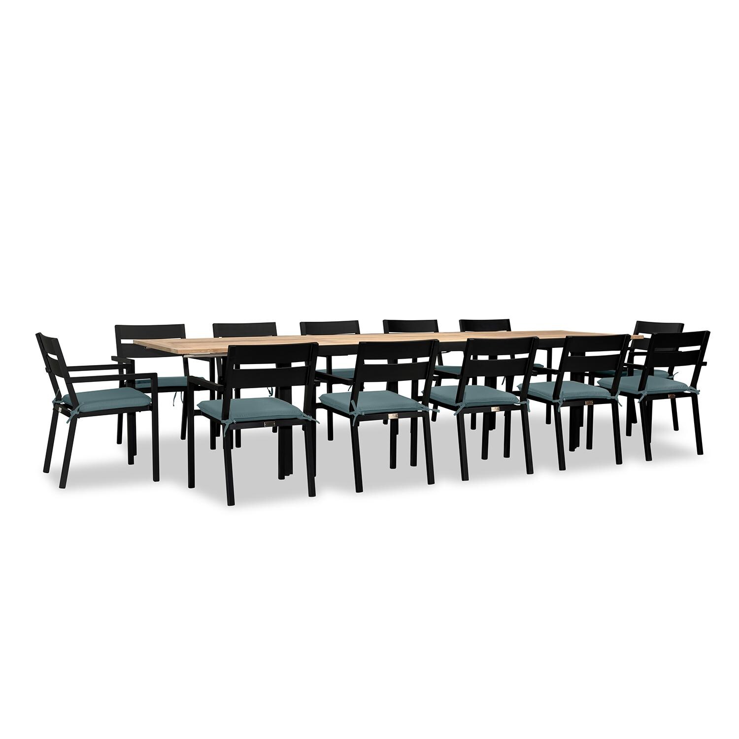 Calm Bay Communal 13 Pc Reclaimed Teak Extendable Dining Set in Black/Cast Lagoon by Lakeview - White Background 3 thumbnail