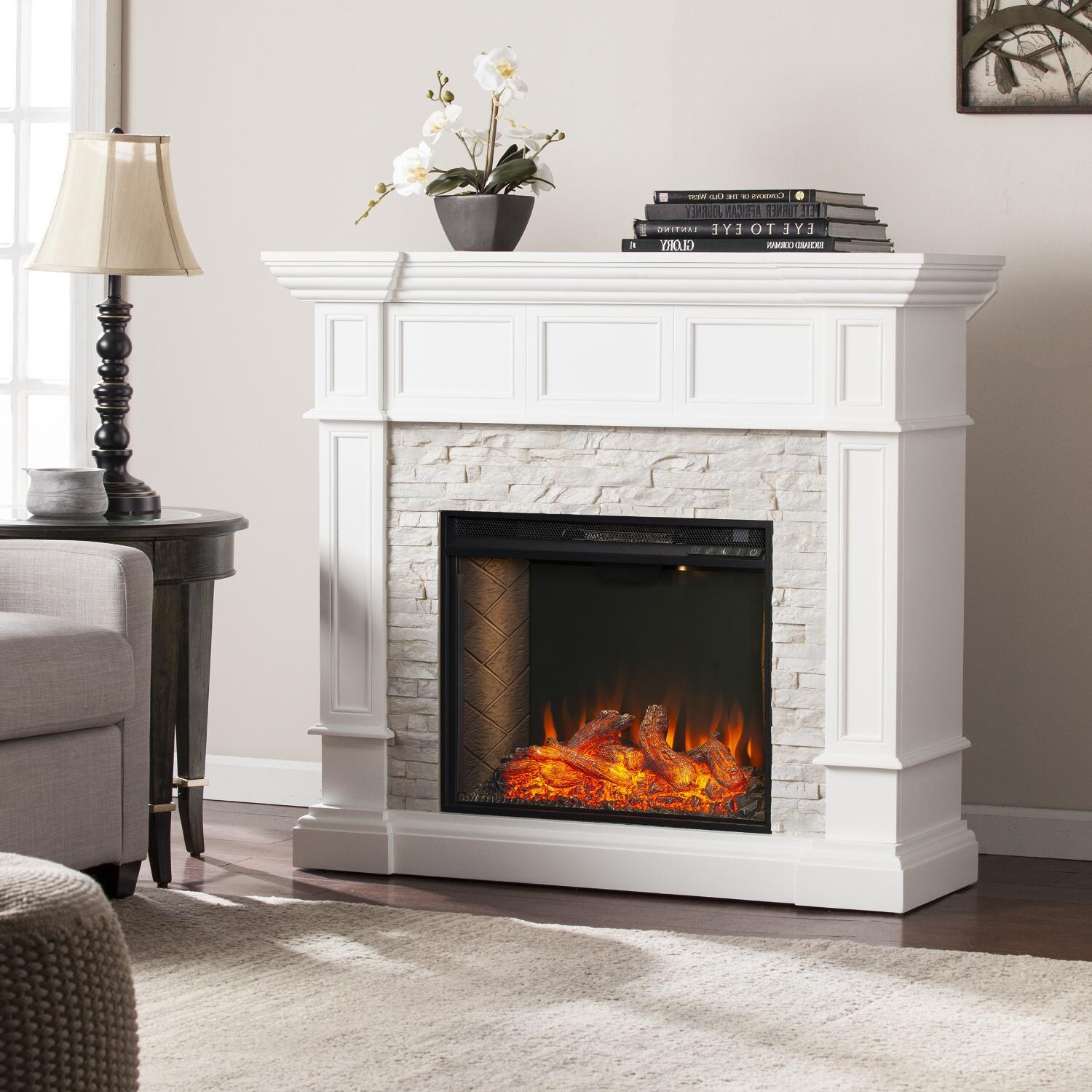 Southern Enterprises FS9638 Merrimack 45-Inch Electric Fireplace W/ Alexa-Enabled Smart Firebox - White W/ Faux Stone Surround thumbnail