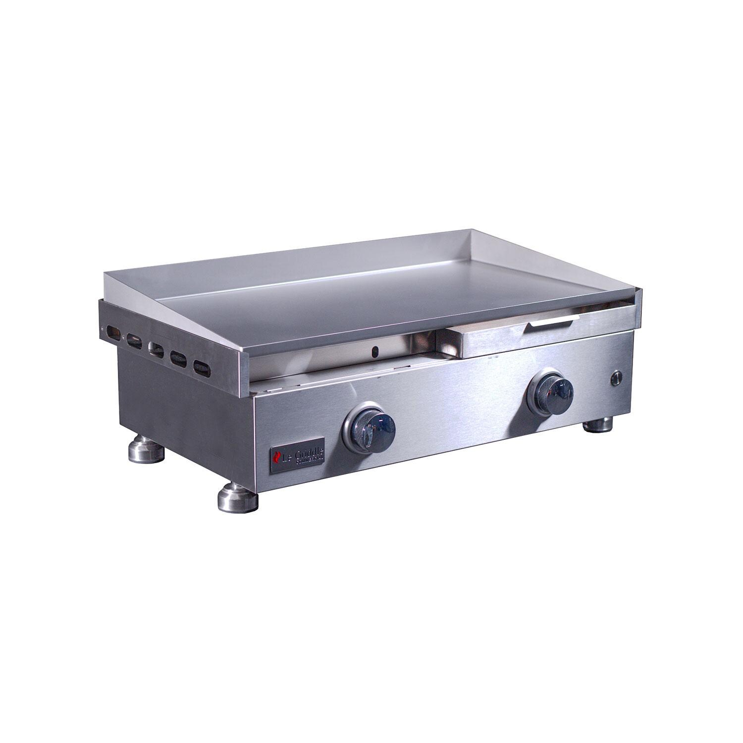 Le Griddle OML75P3 LP Pro Series 75 2 Burner Built-In Propane Flat Top Grill w/ 3mm Plate - Left Side Grease Disposal Drawer Removed - Angled Right - White Background thumbnail