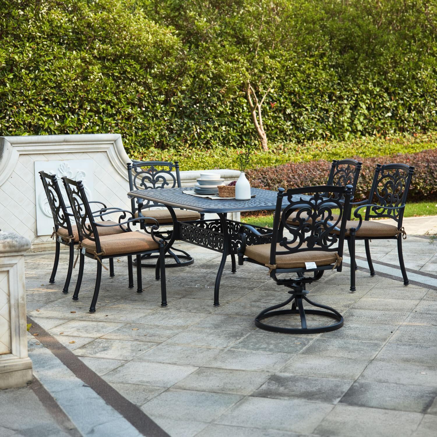 Darlee Santa Barbara 7 Piece Cast Aluminum Patio Dining Set W/ Rectangular Table - Antique Bronze - Lifestyle thumbnail