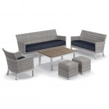 Argento 6 Piece Wicker Patio Conversation Set W/ Tekwood Vintage Coffee Table & Ottomans By Oxford Garden - Midnight Blue image