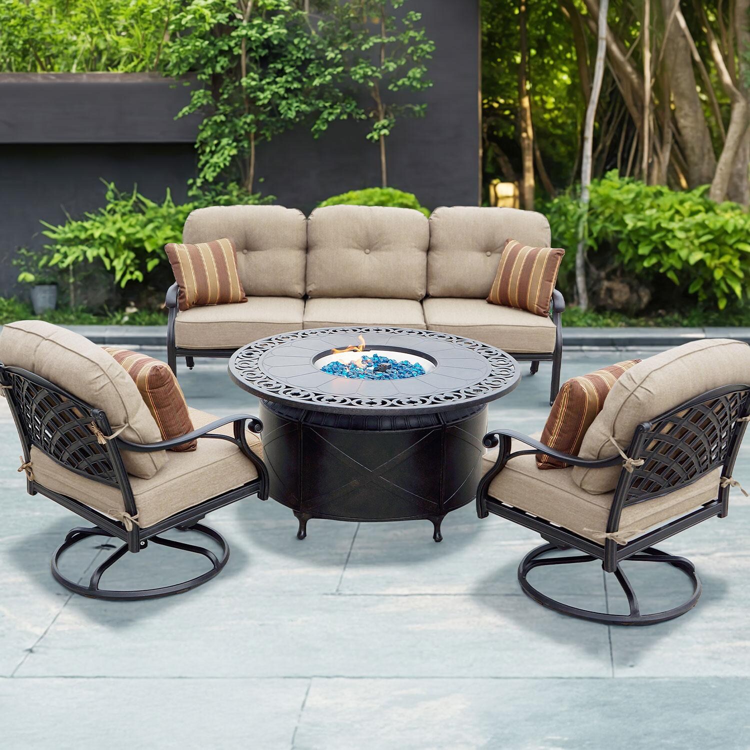 Nassau 4 Pc Cast Aluminum Fire Pit Seating Set w/ 47 Inch Table w/ Swivel Rockers & Throw Pillows in Antique Bronze/Sesame by Darlee