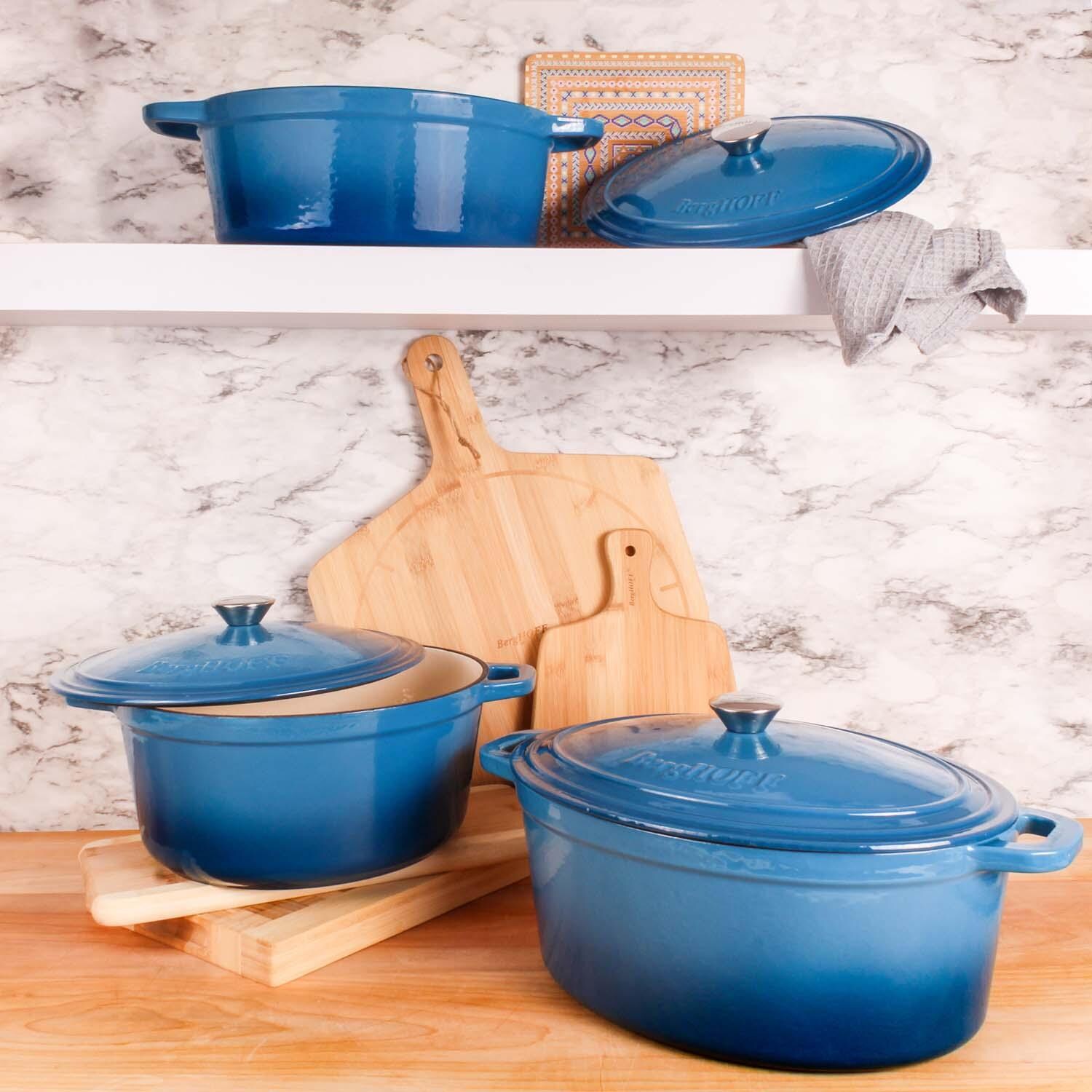 BergHOFF 13-in Neo Cast Iron 8 Qt. Oval Dutch Oven w/ Lid - Blue - Shown w/ Set (Sold Separately) - Lifestyle