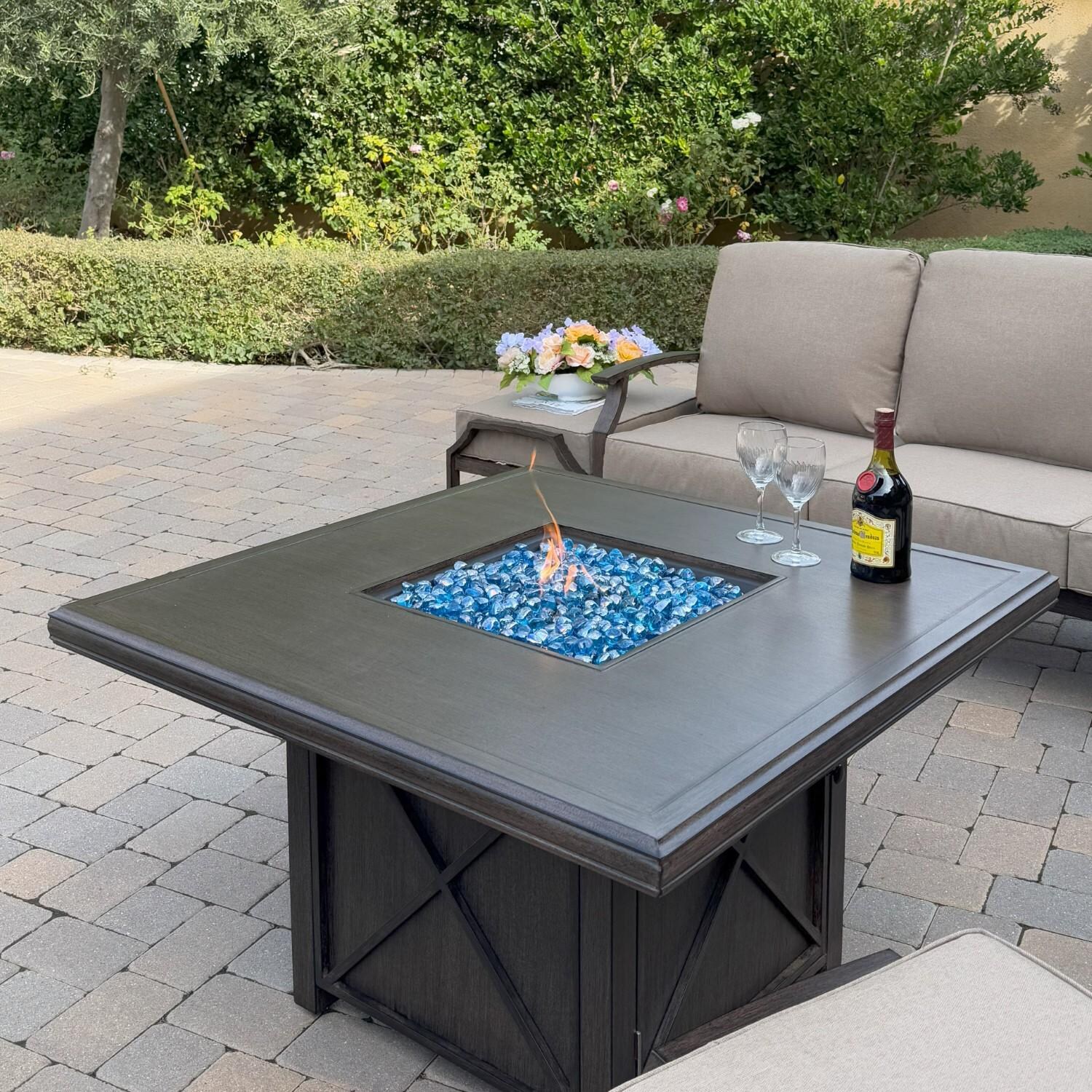 Atlantis 6 Pc Aluminum Fire Pit Seating Set w/ 2 Club Chairs, 2 Ottomans & Sofa in Walnut/Beige by Darlee - Table In Use - Lifestyle thumbnail