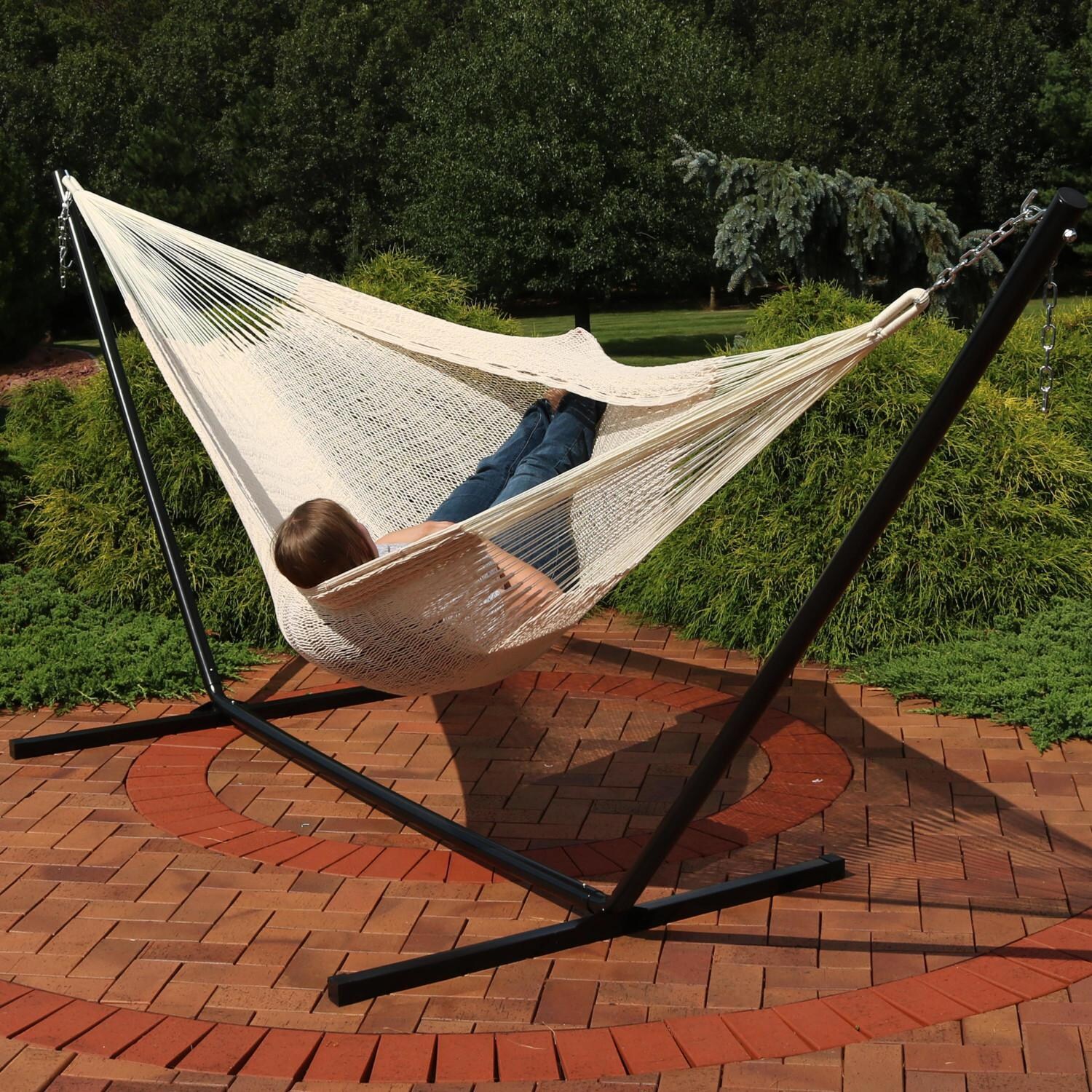 Ultimate Patio Combo XXL Thick Cord Handwoven Family-Sized Mayan Hammock w/ 15-Foot Steel Beam Stand - Natural - In Use Lifestyle thumbnail