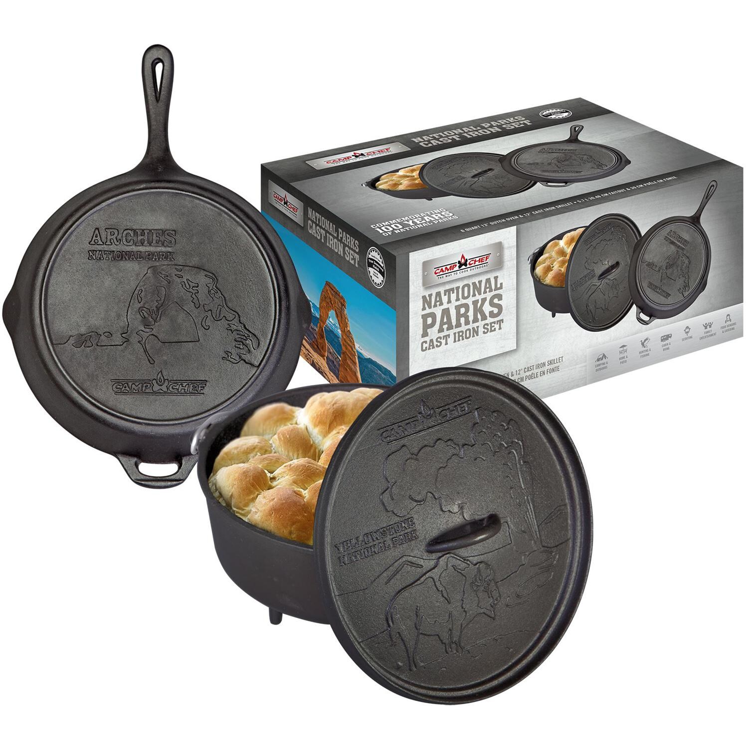 Camp Chef National Parks Seasoned Cast Iron Set w/ 6-Quart Dutch Oven, 12-Inch Skillet & Lid - CBOX100 thumbnail