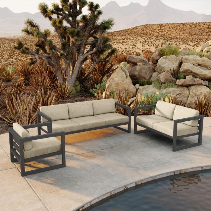 Misty Cove 3 Piece Seating Set in Slate w/Sofa & Canvas Flax Cushions by Lakeview - Hero - Lifestyle thumbnail