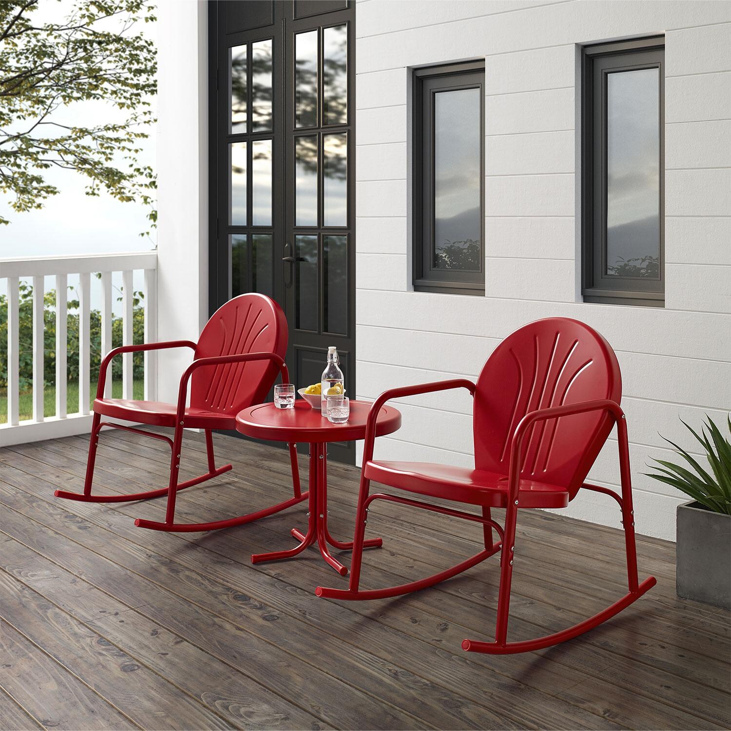 Ultimate Patio UP-32253RE 3Pc Retro Outdoor Rocking Chair Set in Red Gloss - Different Angle - Lifestyle thumbnail