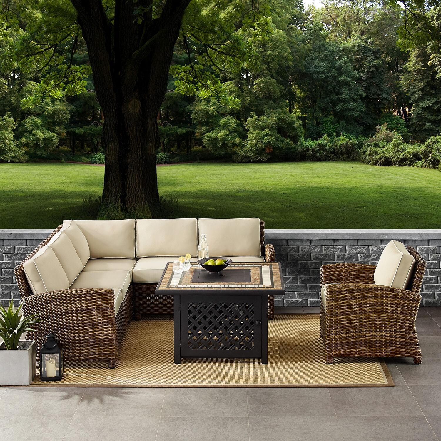 Ultimate Patio UP-92392-SA 5Pc Wicker Outdoor Sectional Set W/ Fire Table & Club Chair in Sand - On Patio W/ Fire Table Off - Lifestyle thumbnail