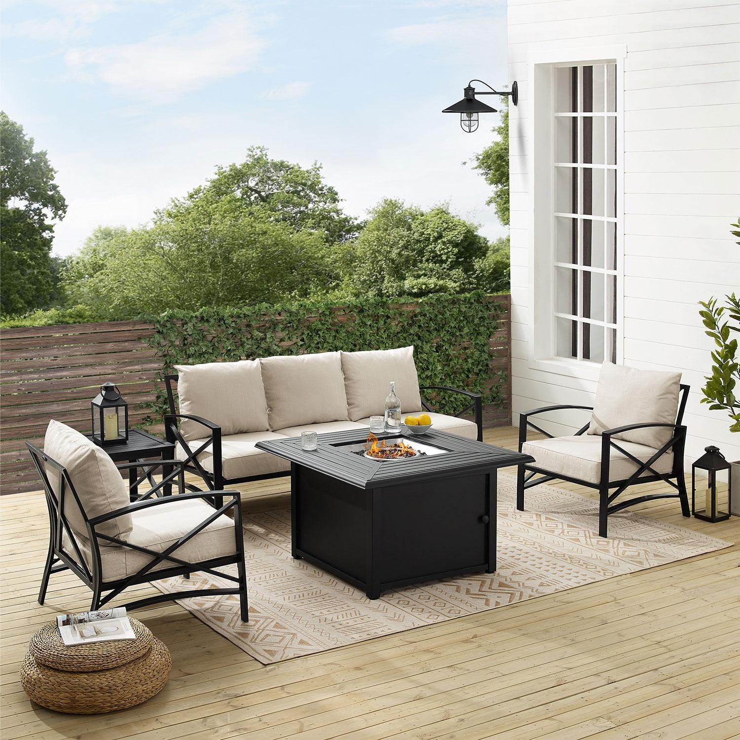 Ultimate Patio UP-82269BZ-OL 5Pc Outdoor Sofa Set W/ Fire Table in Oatmeal - On Patio W/ Fire Table On - Lifestyle thumbnail