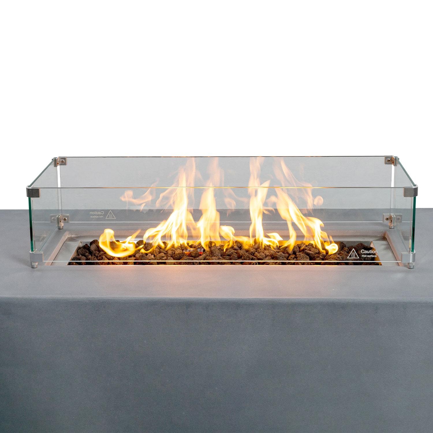 Glenwood 55-in Rectangular Concrete Propane Fire Pit in Natural Gray by Lakeview Outdoor Designs - Glass Wind Guard - On - Close Up - Detail thumbnail