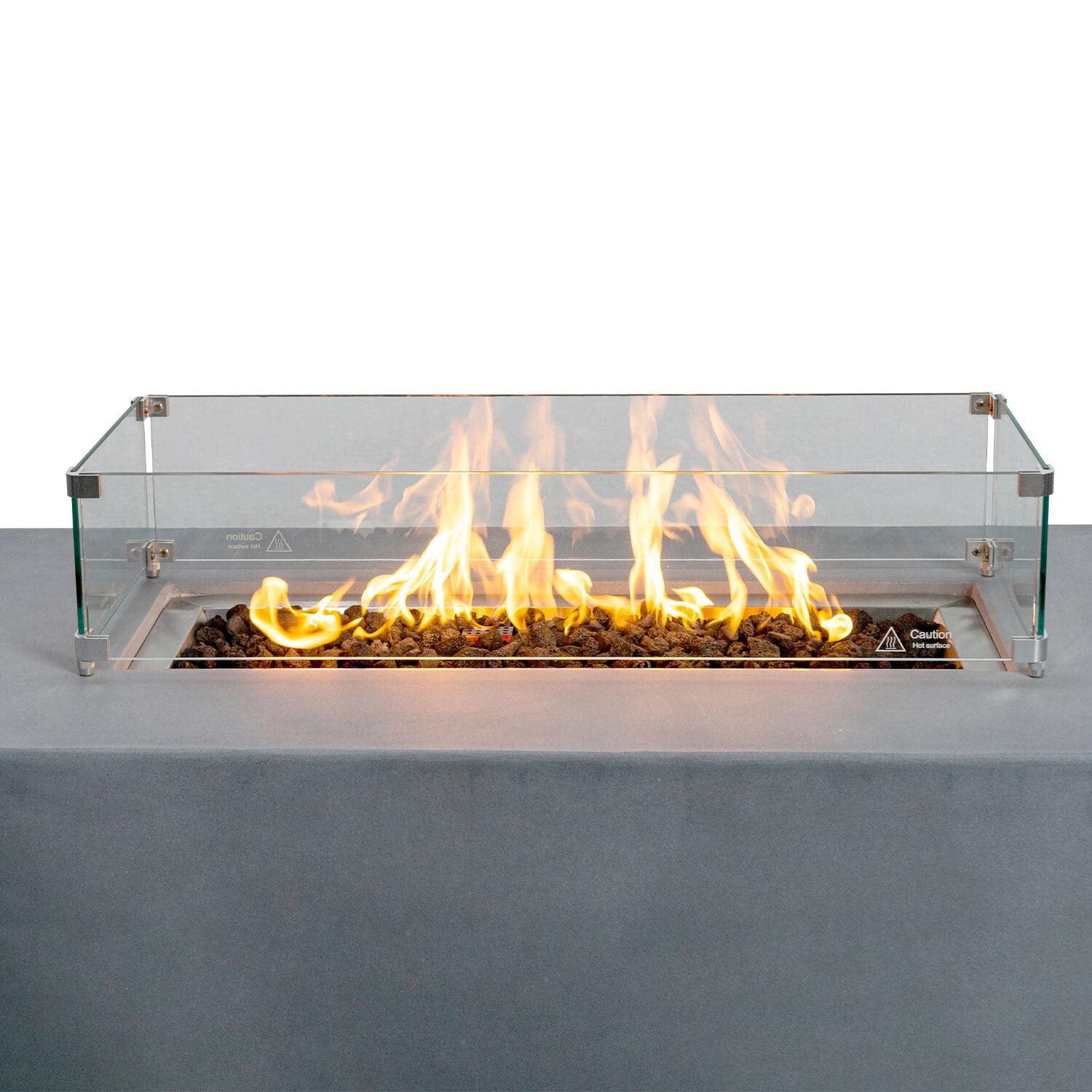 Glenwood 55-in Rectangular Concrete Propane Fire Pit in Natural Gray by Lakeview Outdoor Designs - Glass Wind Guard - On - Close Up - Detail thumbnail