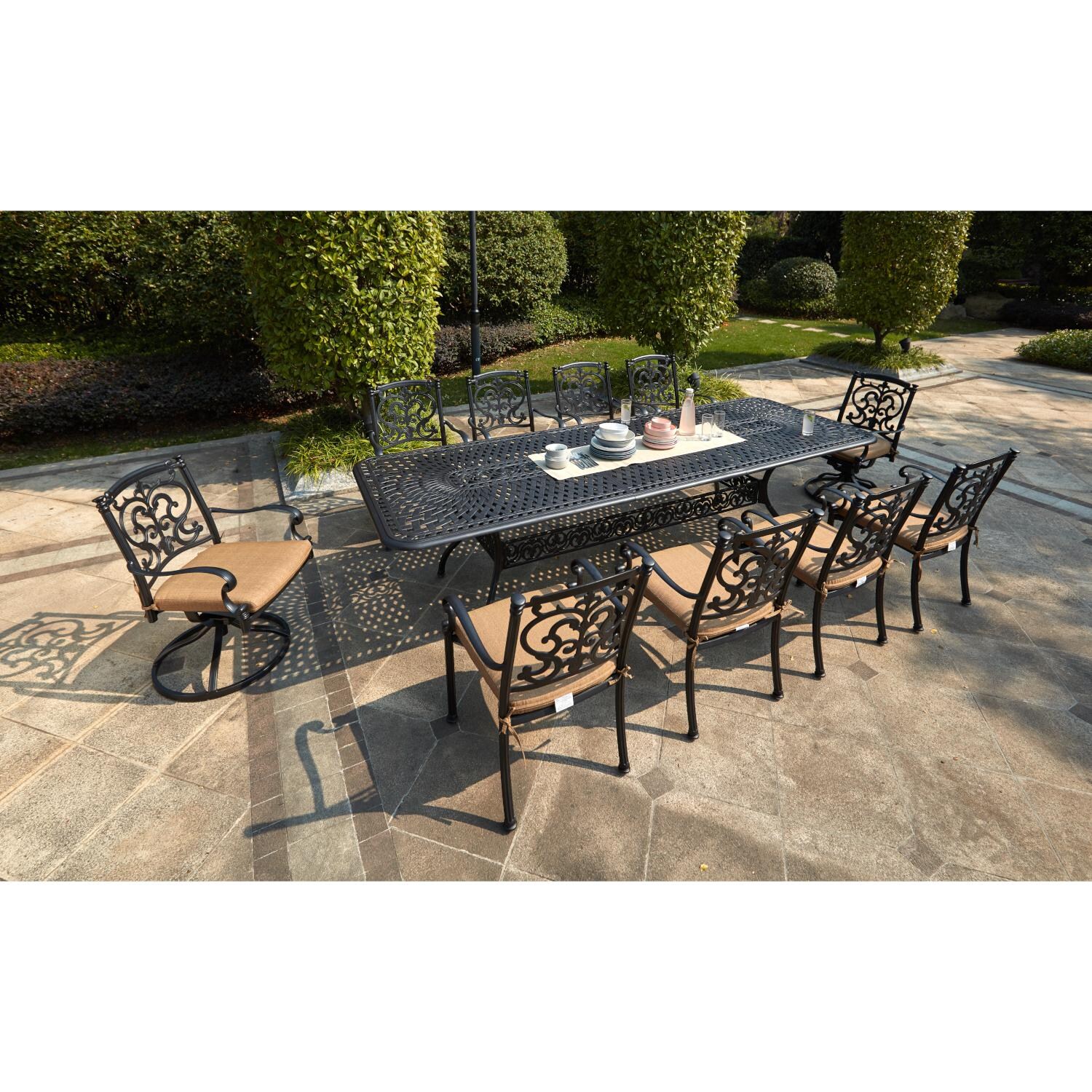 Darlee 201010-11PC-60LE Santa Barbara 11 Piece Cast Aluminum Patio Dining Set W/ 92 X 42 Inch Rectangular Extension Table & Sesame Cushions - Lifestyle thumbnail