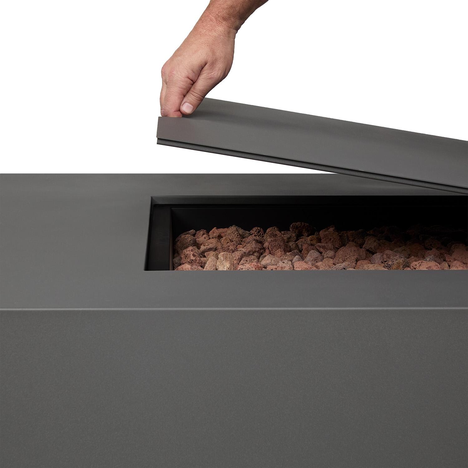 Elysian 75-in Rectangular Steel Propane Fire Pit Table in Weathered Slate by Lakeview - Lifting Lid - Detail thumbnail