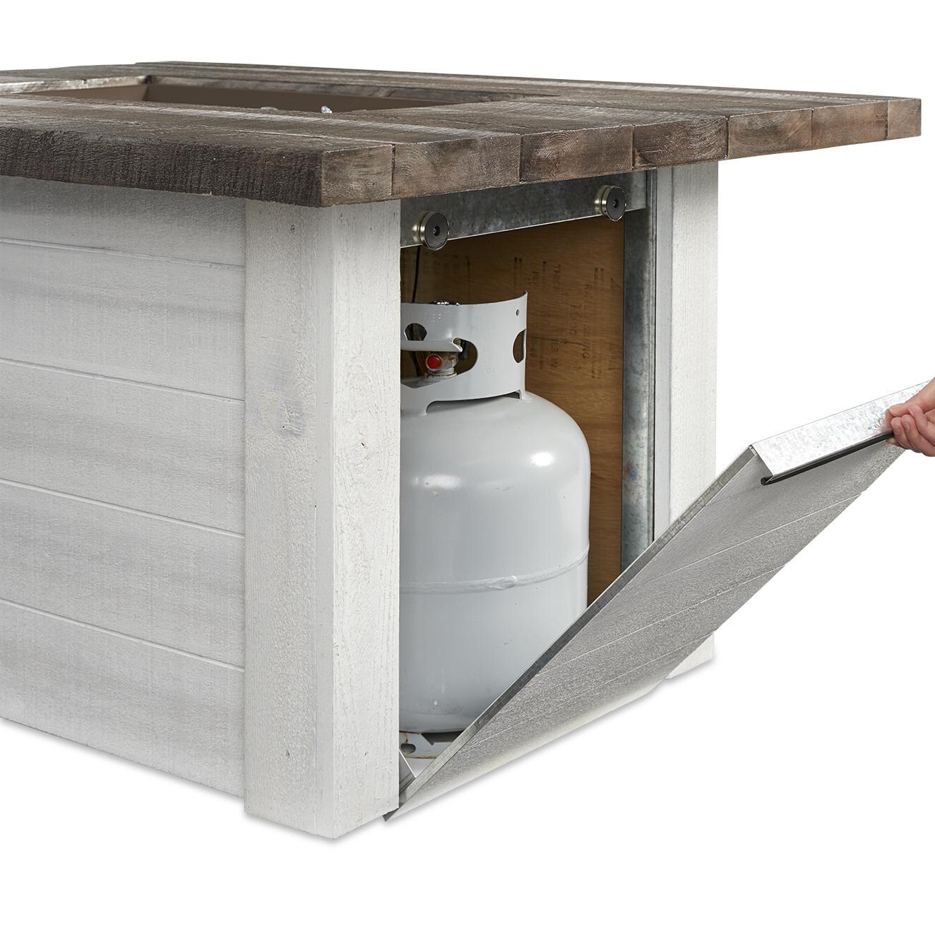 The Outdoor GreatRoom Company Alcott Rectangular Gas Fire Pit Table - Access door provides convenient storage for propane tanks thumbnail