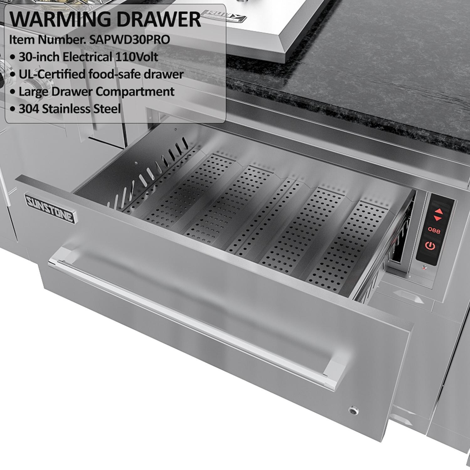 Sunstone Grills SCPFRENCHQUARTER13.7-NG French Quarter 13 1/2 Ft Outdoor Kitchen Island w/ Natural Gas Grill & Sink, Refrigerator, Door & Drawer - Warming Drawer - Detail thumbnail