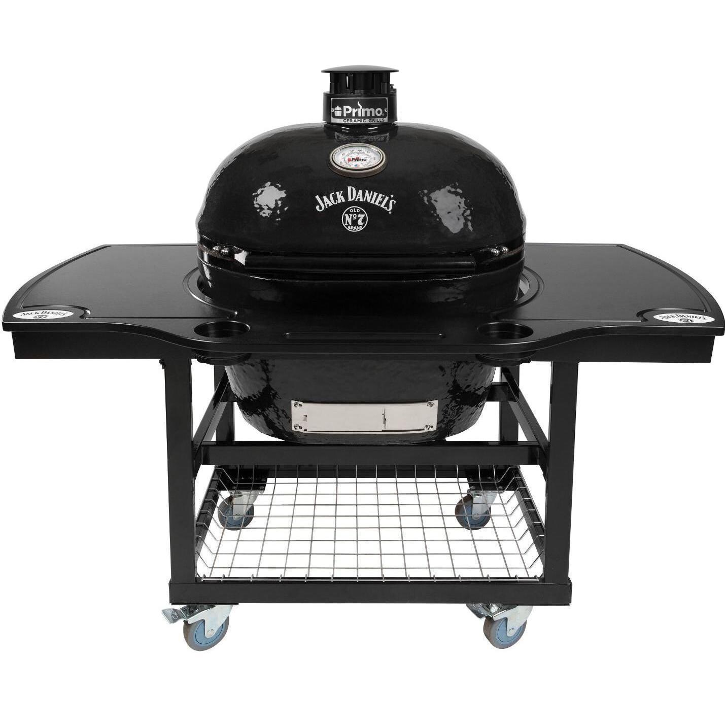 Primo Jack Daniels Edition Oval XL 400 Ceramic Kamado Grill On Steel Cart With 1-Piece Island Side Shelves, Cup Holders, and Stainless Steel Grates - PGCXLHJ (2021) image