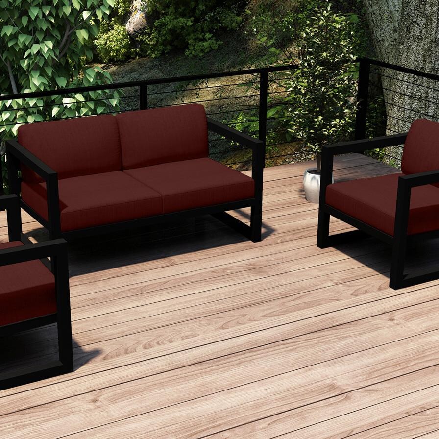 Lakeview MSTYCV-BK-3LSS-HN Misty Cove 3 Pc Aluminum Seating Set in Black w/Loveseat & Canvas Henna Cushions by Lakeview Outdoor Designs - Set Outside Cropped - Lifestyle thumbnail