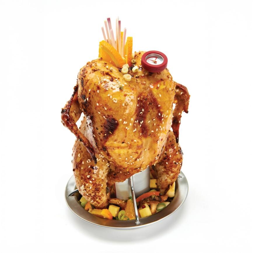 Broil King Stainless Steel Chicken Roaster - 69132 - Chicken and Thermometer - White Background thumbnail