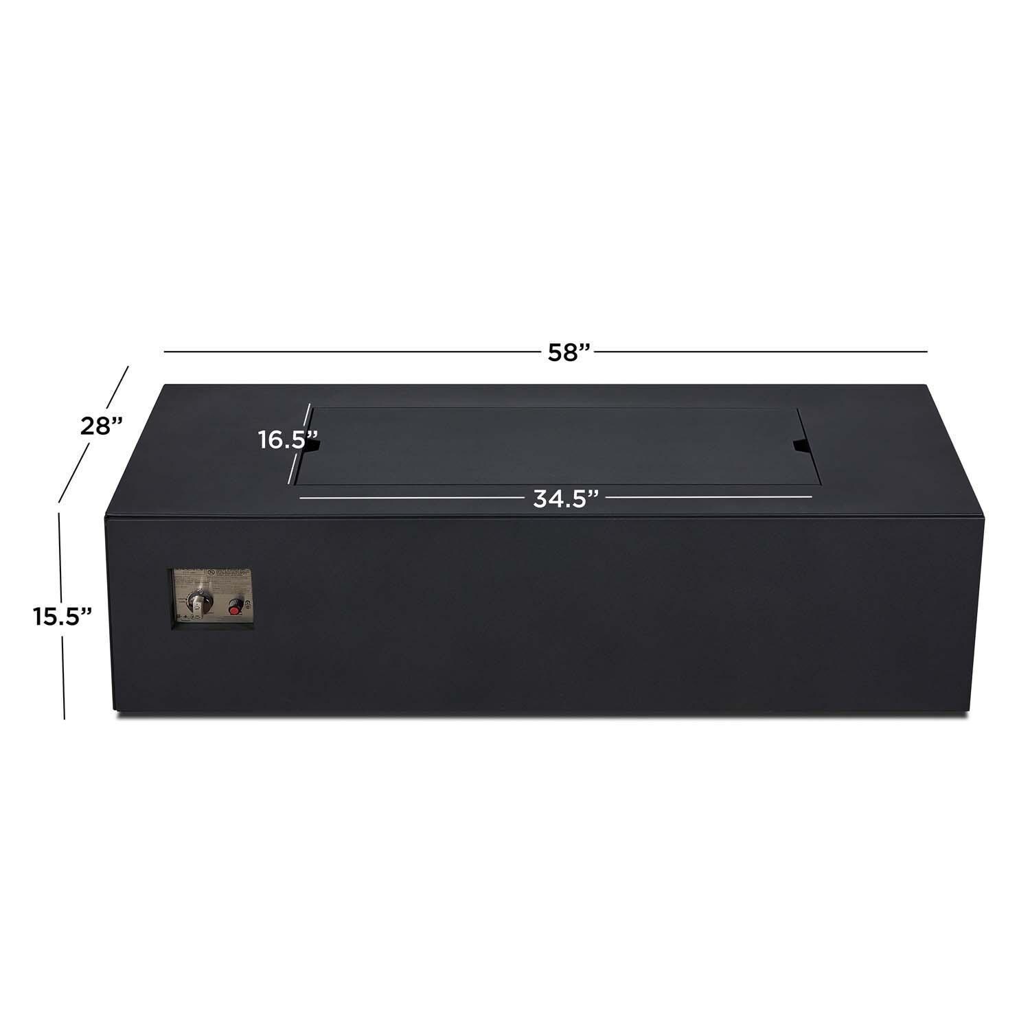 Covewood 58 Inch Rectangular Aluminum Propane Fire Pit Table w/ Hidden Propane Tank in Charcoal by BBQGuys Signature - Dimensional thumbnail