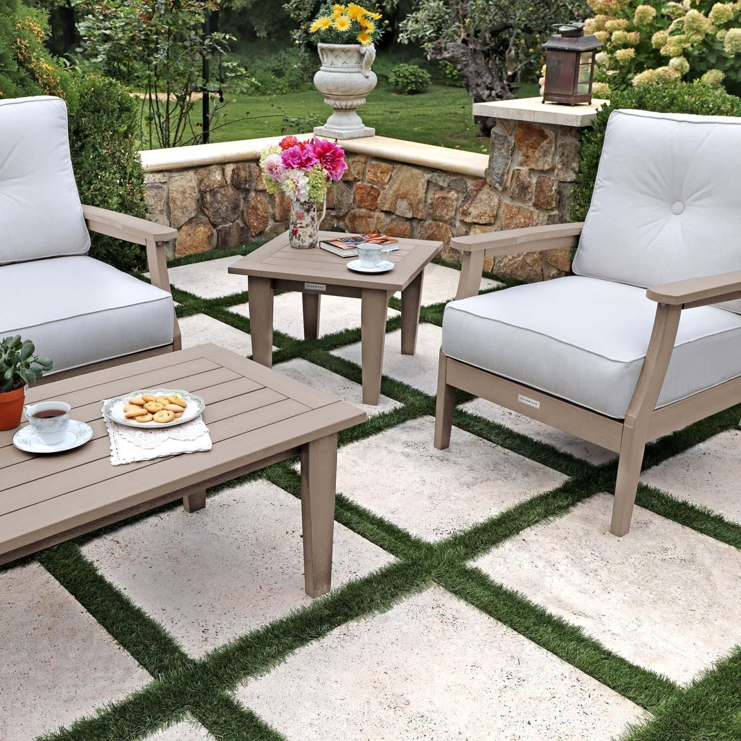 Blushing Bay 4 Pc Recycled Plastic Seating Set in Bliss Linen/Woodland Brown by Lakeview Outdoor Designs - Close Up End Table - Lifestyle thumbnail