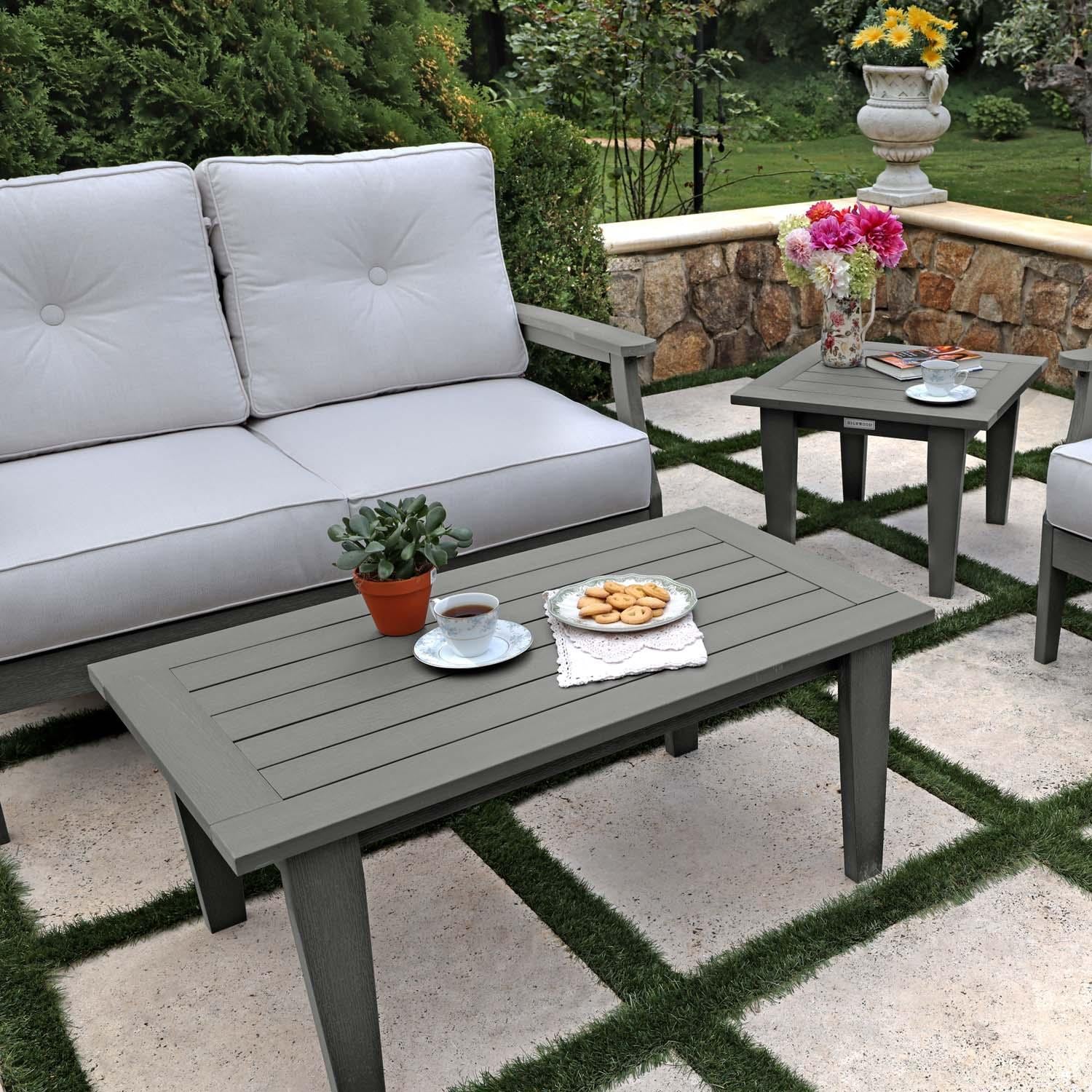 Blushing Bay 4 Pc Recycled Plastic Seating Set in Bliss Linen/Coastal Teak by Lakeview Outdoor Designs - Close Up - Lifestyle thumbnail