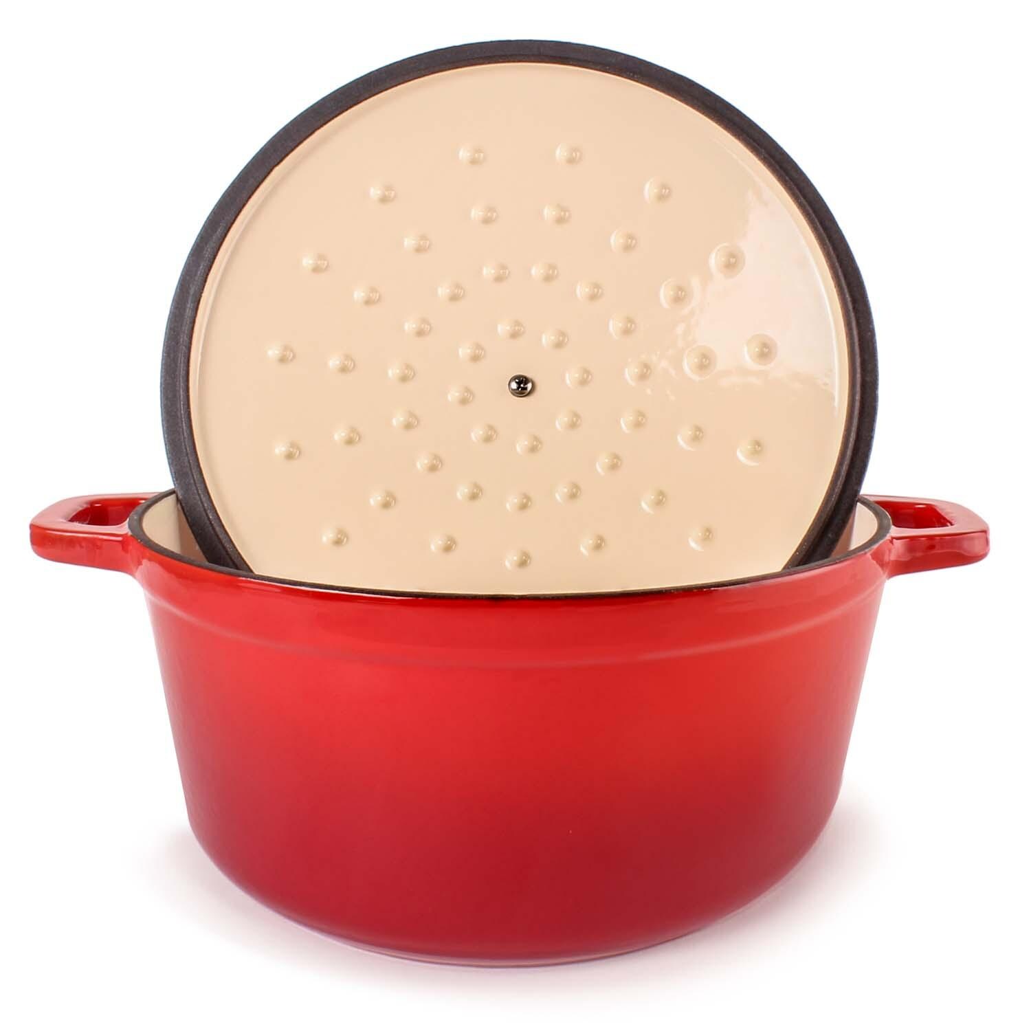 BergHOFF 11-in Neo Cast Iron 7 Qt. Round Dutch Oven w/ Lid - Red - Lid Up - White Background thumbnail