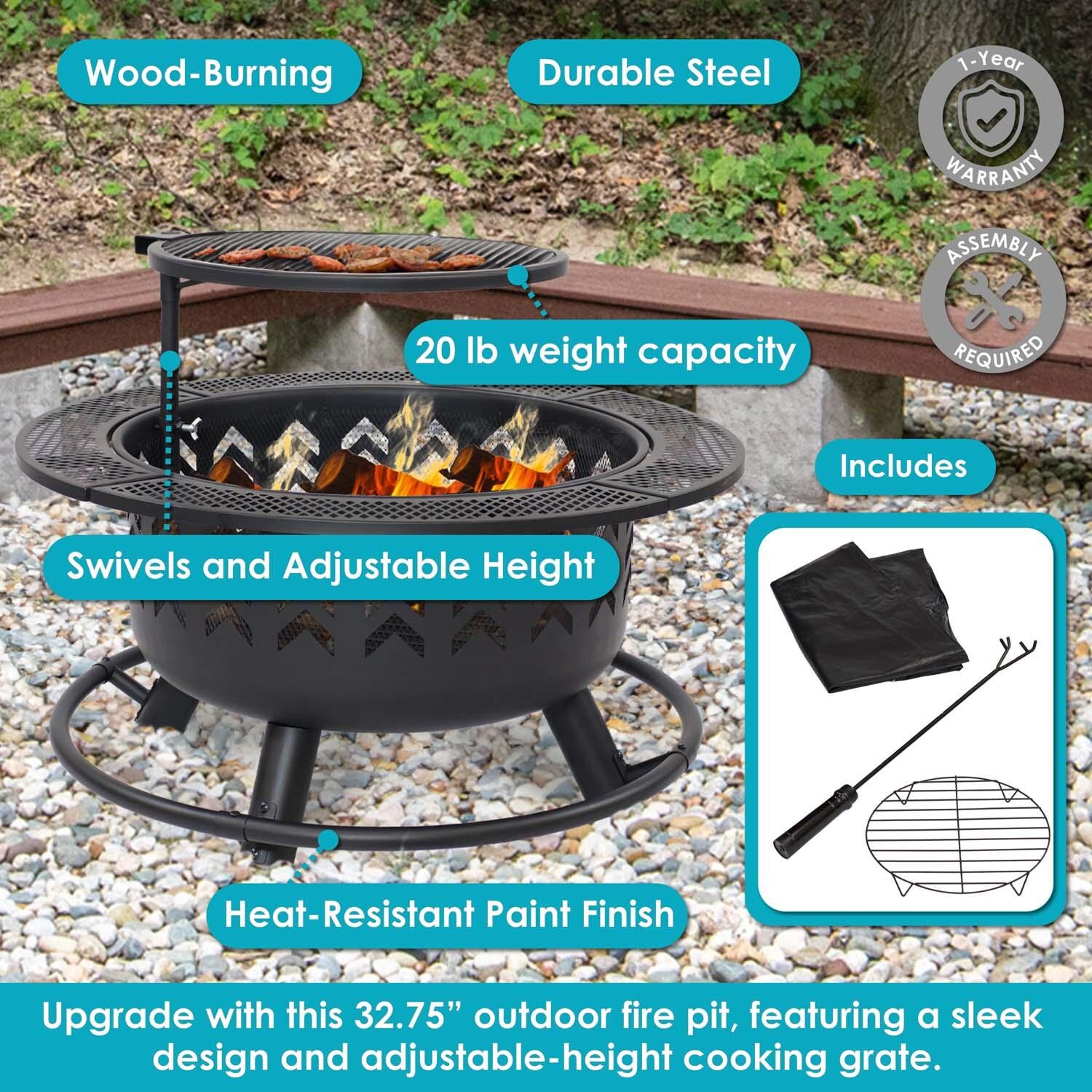 33 Inch Round Steel Wood Burning Fire Pit & Grill in Black By Ultimate Patio - Detail thumbnail