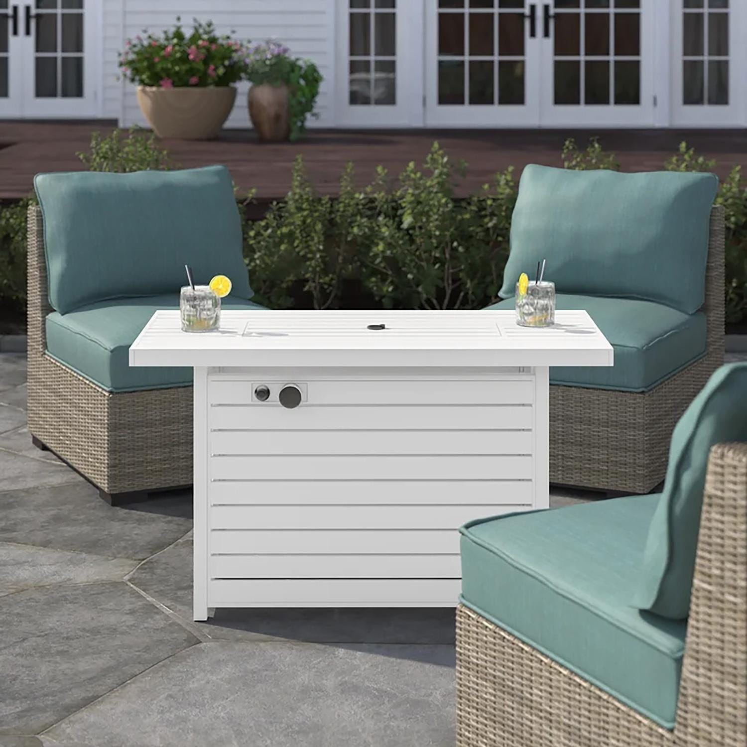 Ultimate Patio Regina Bay 42 Inch Rectangular Metal Propane Fire Pit Coffee Table W/ Lid in White - Lifestyle thumbnail