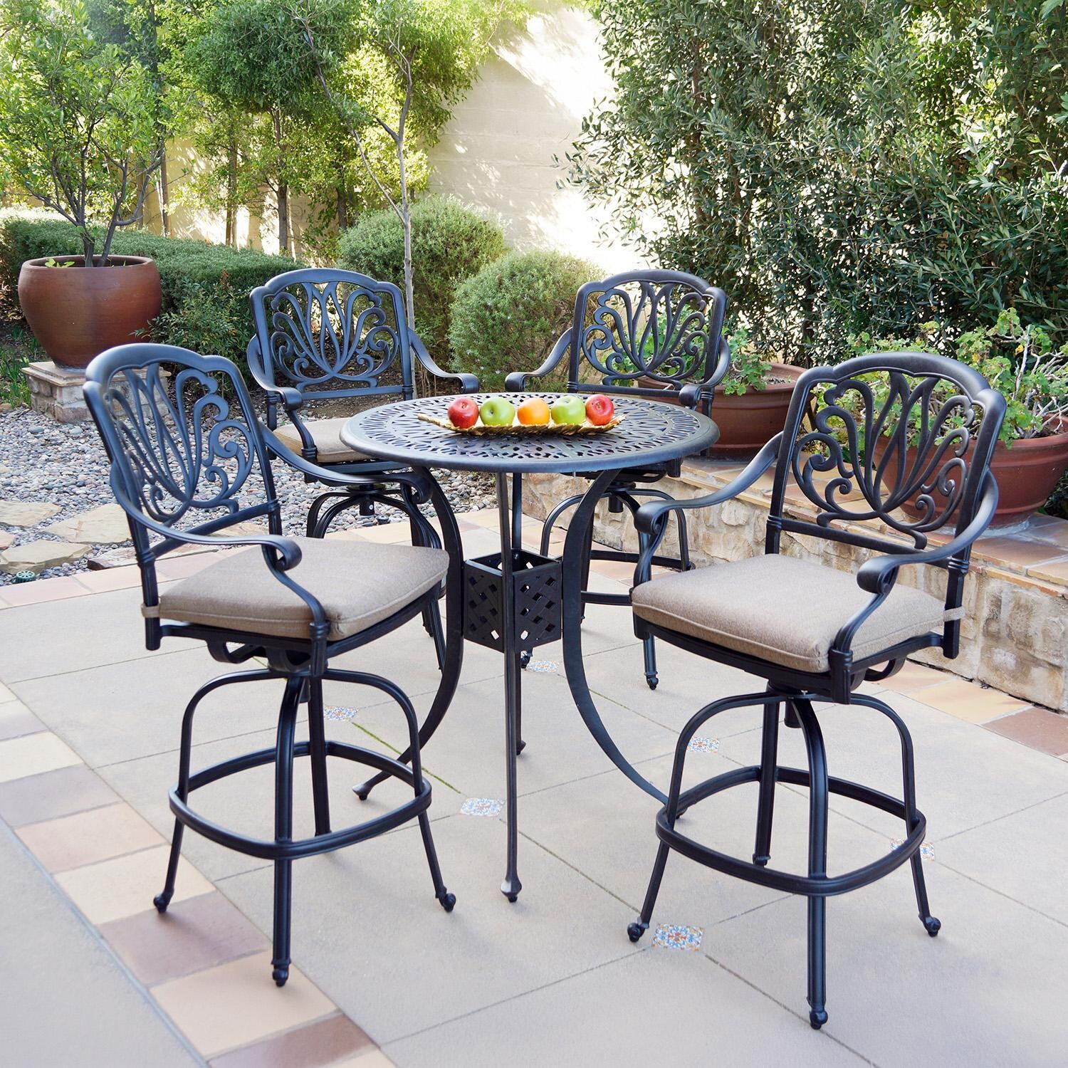 Darlee Elisabeth 5 Pc Cast Aluminum Bar Set w/ 36 Inch Round Table in Antique Bronze/Beige - Set - Lifestyle thumbnail