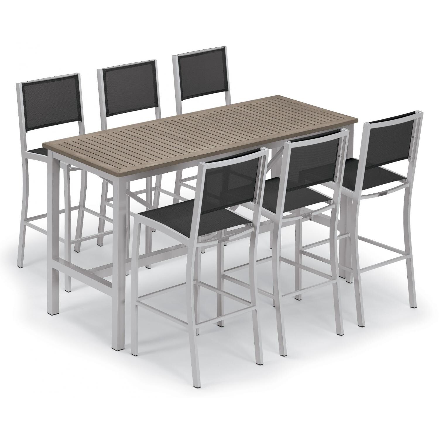 Travira 7 Piece Aluminum Patio Bar Set W/ 72 X 30 Inch Rectangular Table and Tekwood Vintage Tabletop By Oxford Garden - Black Sling thumbnail